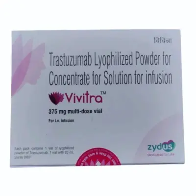 Vivitra 375 mg (Trastuzumab) injection by Zydus for HER2-positive cancer treatment. Available for secure cold-chain shipping to the USA, UK, and UAE.