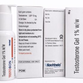 Testoboon Gel 1% (Testosterone) 80gm tube for topical hormone replacement therapy. Available for shipping to USA, UK, and UAE