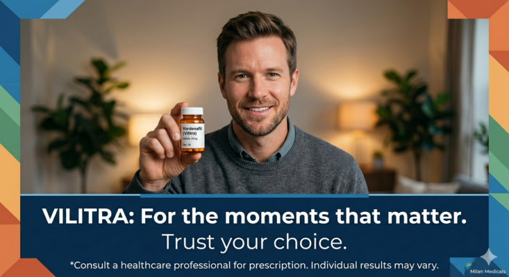 A confident man in casual, modern clothing smiles, holding a bottle labeled 'Vardenafil (Vilitra)'. Text below reads: 'VILITRA: For the moments that matter. Trust your choice