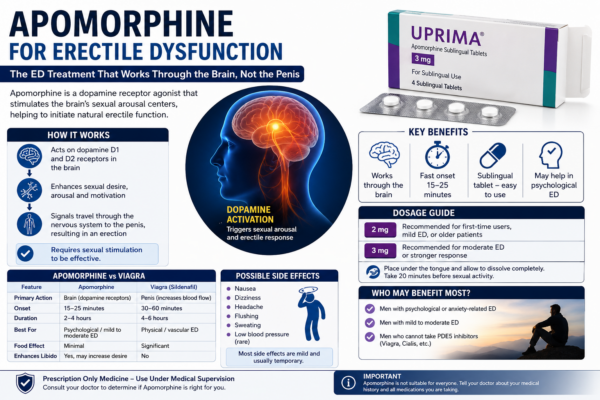 drugsgeneral_img Apomorphine for Erectile Dysfunction infographic showing how Apomorphine stimulates dopamine receptors in the brain to improve sexual arousal and erectile function. Includes dosage guide (2mg and 3mg sublingual tablets), onset time of 15–25 minutes, comparison with Viagra (Sildenafil), benefits for psychological ED, common side effects, and explanation of its brain-based mechanism of action. Medical illustration featuring dopamine activation pathways, Uprima Apomorphine tablets, and men's sexual health information.